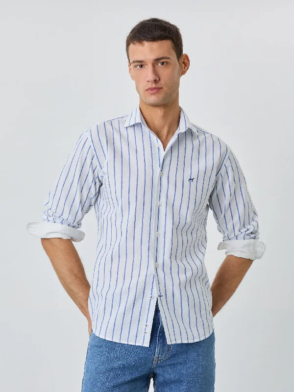 Slim Fit Shirt With Open Collar In Cotton-linen Blend With Stripes Cool Men's Distressed