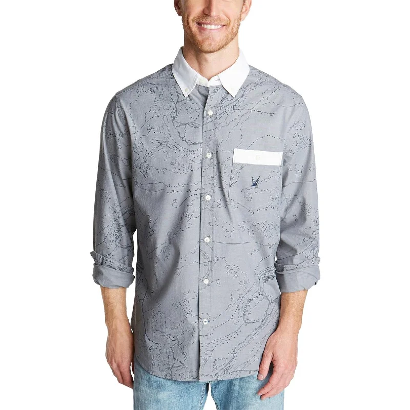 Nautica Blue Mens Oxford Map-Print Casual Shirt Laid