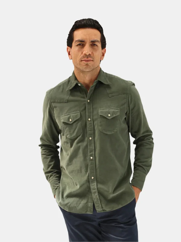 Fortela Olive Corduroy Texan Shirt Traditional Men's Wool