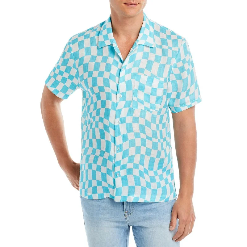 Bloomies Mens The Cabana Linen Checkered Button-Down Shirt Stylish Men's Tropical 