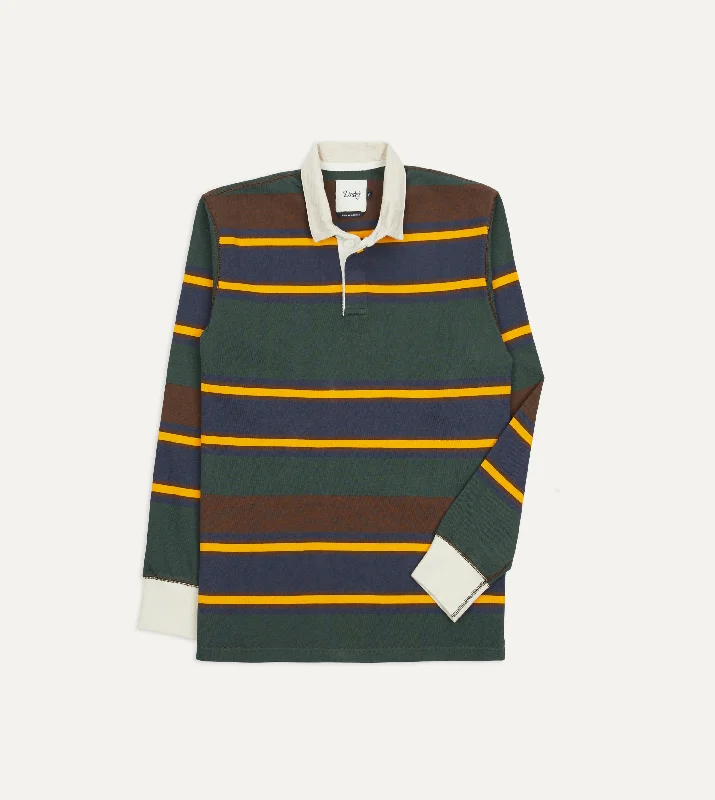 Green, Navy and Gold Stripe Cotton Rugby Shirt Refined Men's European