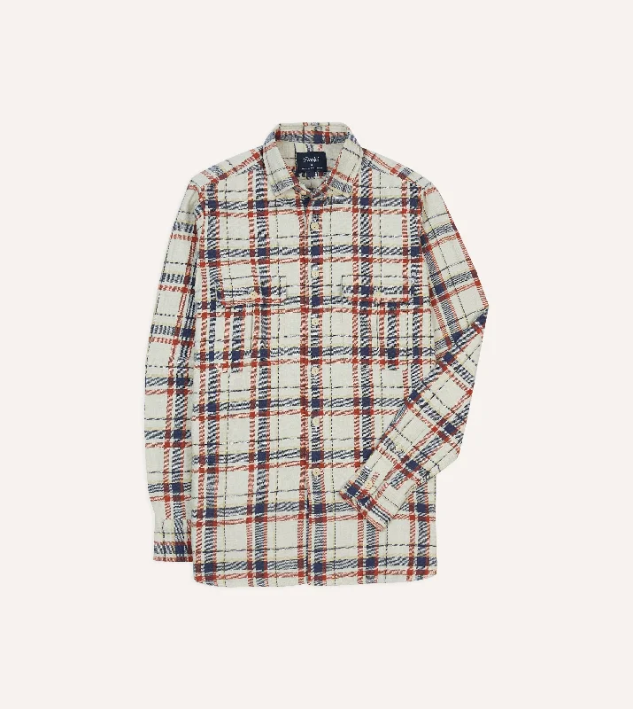 Ecru, Navy and Red Check Slub Cotton Two-Pocket Work Shirt Traditional Men's Wool