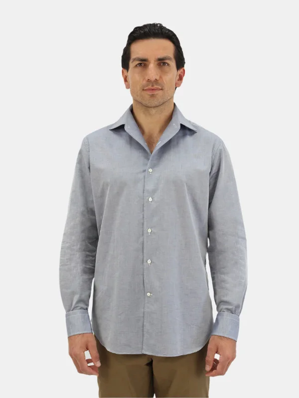 Grey Chambray Long Sleeve Camp Collar Shirt Traditional Men's Country