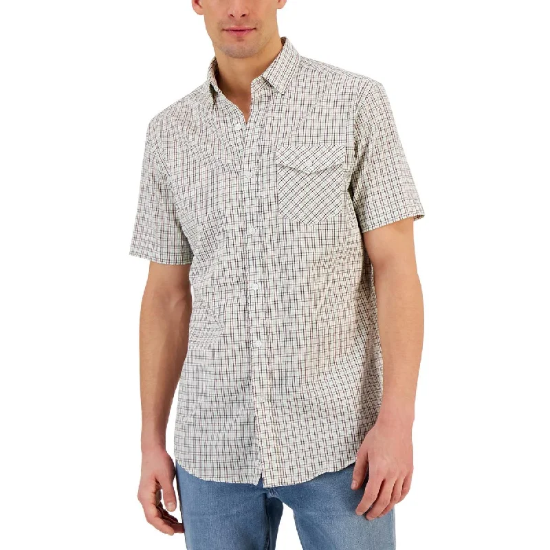 Club Room Mens Flamingo Plaid Woven Button-Down Shirt Gym