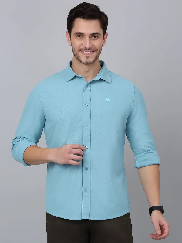 Men's Teal Blue Casual Plain Full Sleeve Shirt Elegant Men's Formal 