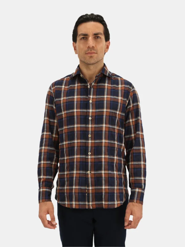 Tobacco & Navy Madras Spread Collar Shirt Sophisticated Men's 