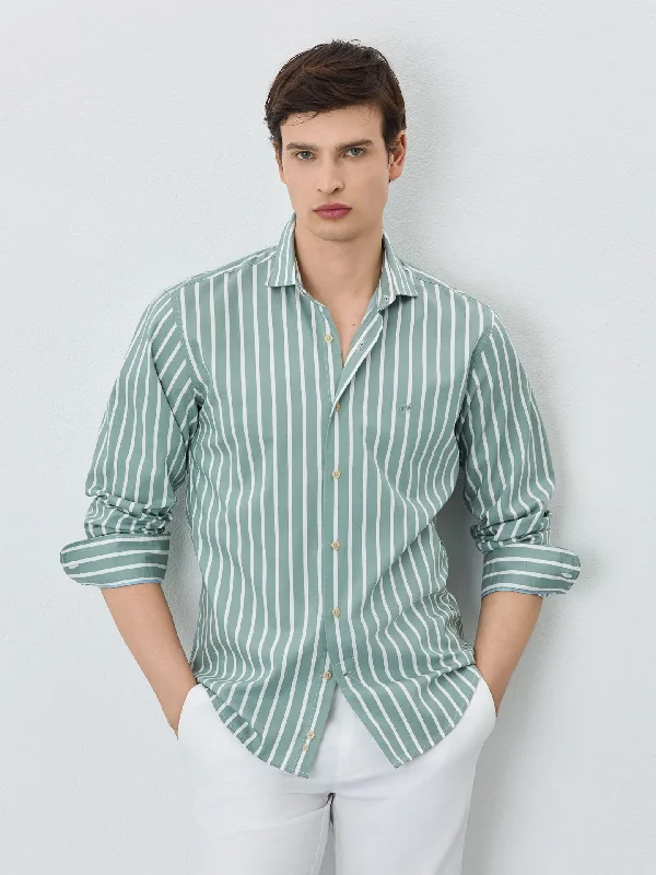 Slim Fit Shirt With Open Collar In BCI Cotton With Stripes Masculine Men's Thick