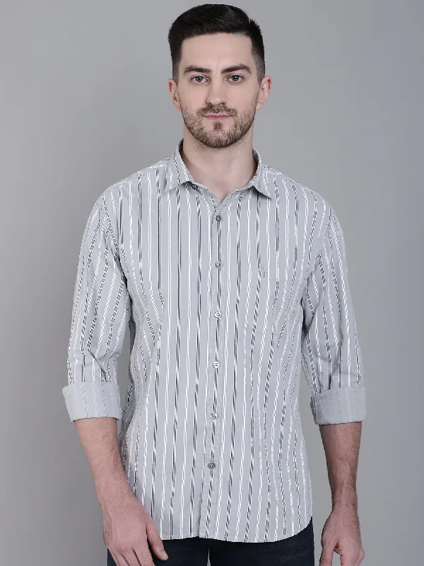 Men's Light Grey Casual Narrow Stripe Full Sleeve Shirt Modern Men's Geometric