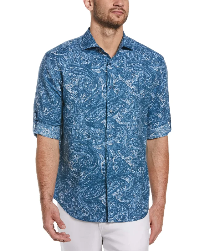 Linen Blend Paisley Print Shirt Athletic Men's Compression