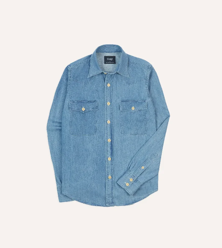 Bleach Wash Denim Two-Pocket Western Shirt Bohemian Men's Free