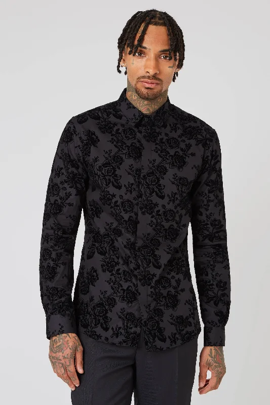 Armada Skinny Fit Black Floral Flocked Cotton Shirt Minimalist Men's Casual 