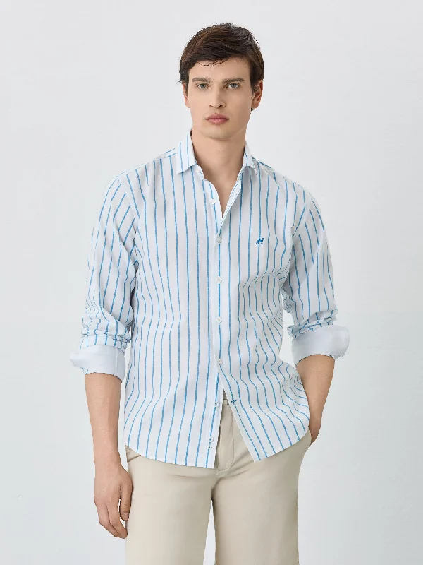 Slim Fit Shirt With Open Collar In Cotton-linen Blend With Stripes Polished Men's Silk