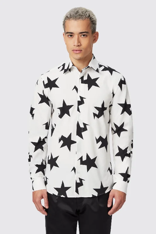 Grosjean Slim Fit White Cotton Star Print Shirt Relaxed Men's Beach