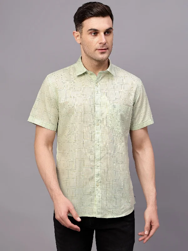 Men's Light Green Casual Geometric Print Half sleeve Shirt Cool Men's Distressed