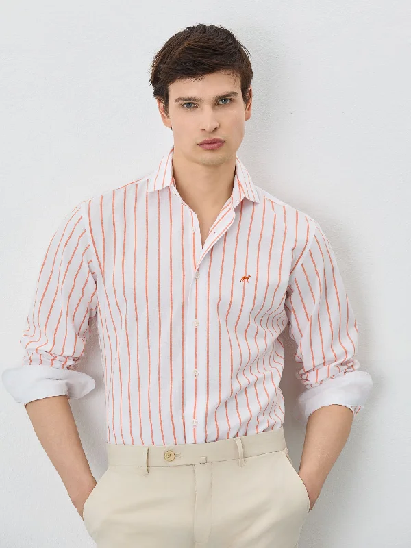 Slim Fit Shirt With Open Collar In Cotton-linen Blend With Stripes Dynamic Men's High