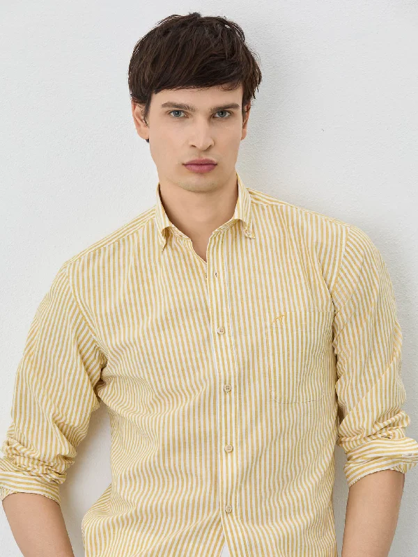 Slim Fit Shirt With Button Down Collar In Cotton-linen Blend With Stripes Beach