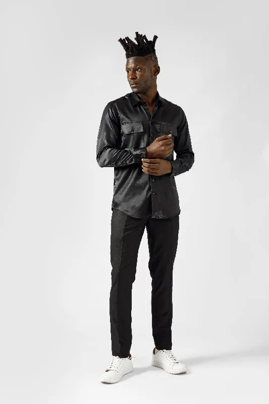 Black Satin Long Sleeve with pockets Sophisticated Men's 