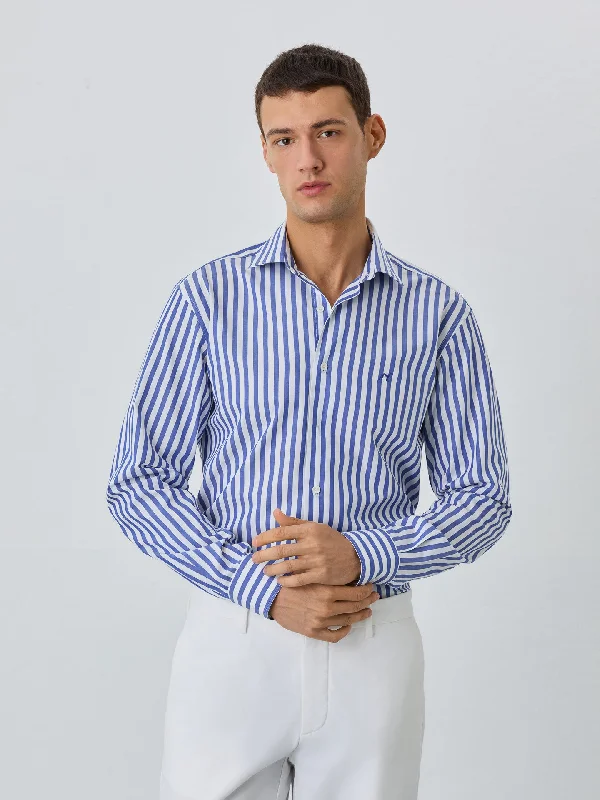 Slim Fit Shirt With Open Collar in BCI Cotton With Stripes Youthful Men's Pop