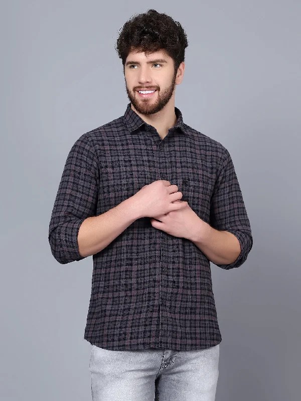 Men's Grey Casual Big Checks Full Sleeve Shirt Trendy Men's Scandinavian