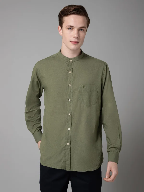 Men's Olive Green Casual Plain Full Sleeve Shirt British Gentleman Style