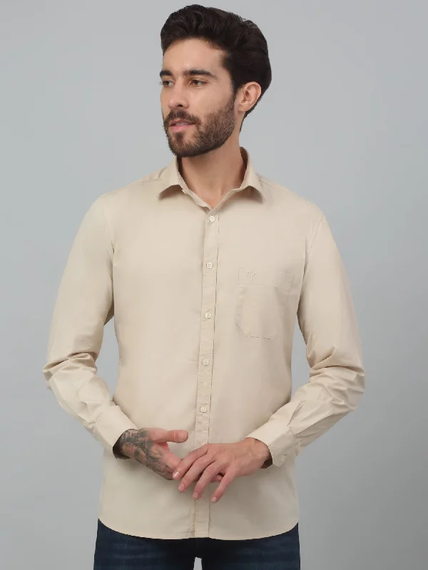 Men's Beige Casual Plain Stretch Full Sleeve Shirt Unique Men's Patch