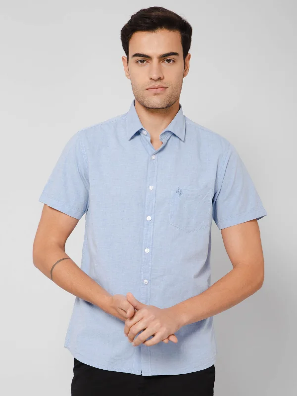 Men's Sky Blue Casual Plain Half Sleeve Shirt Polished Men's Silk