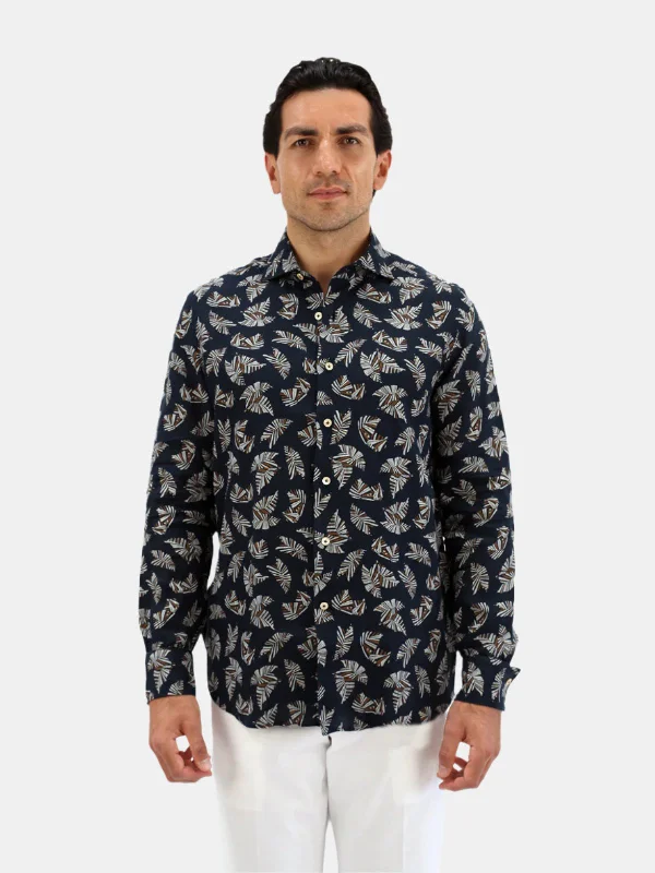 Navy Abstract Leaf Printed Linen Spread Collar Shirt Refined Men's Classic 