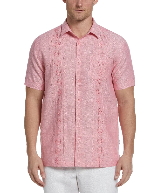 Linen Blend Pintuck Embroidery Shirt Stylish Men's Tropical 