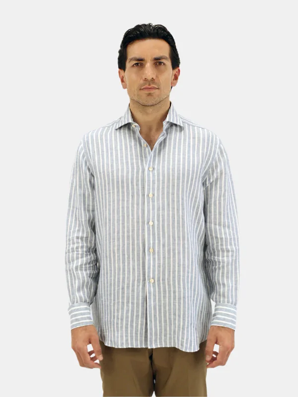 Mid Blue Stripe Linen Spread Collar Shirt Casual Men's Japanese 