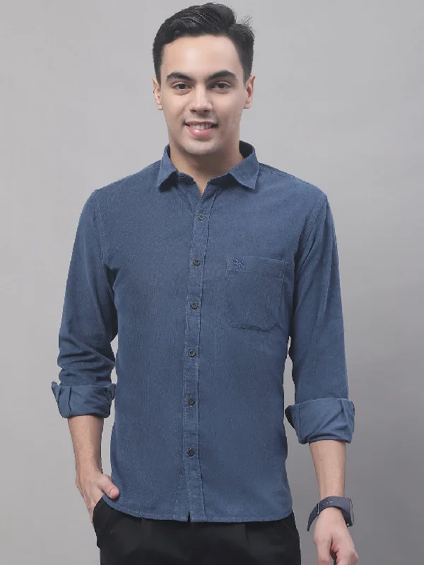 Men's Navy Blue Casual Corduroy Full Sleeve Shirt Beach