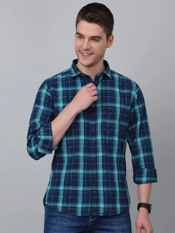 Men's Turquoise Casual Big Checks Full Sleeve Shirt Edgy Men's Punk