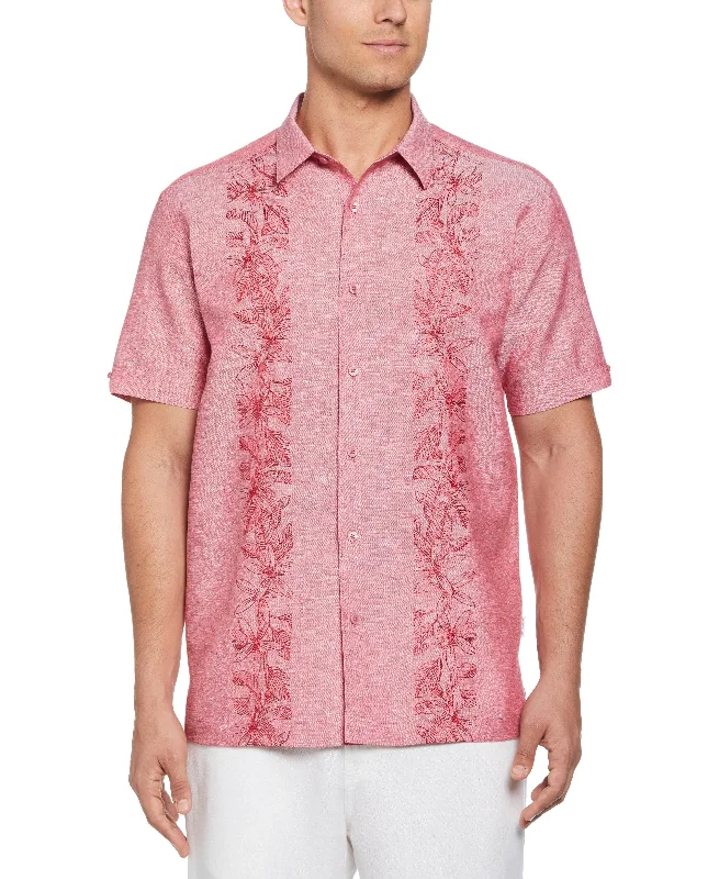 Linen Blend Tropical Embroidery Panel Shirt Unique Men's Patch