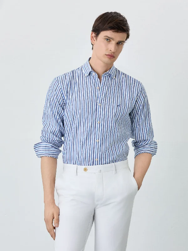 Slim Fit Shirt With Button Down Collar In BCI Cotton With Stripes Youthful Men's Pop