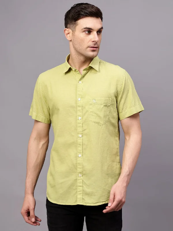 Men's Light Green Casual Plain Half sleeve Shirt Casual Men's Loose