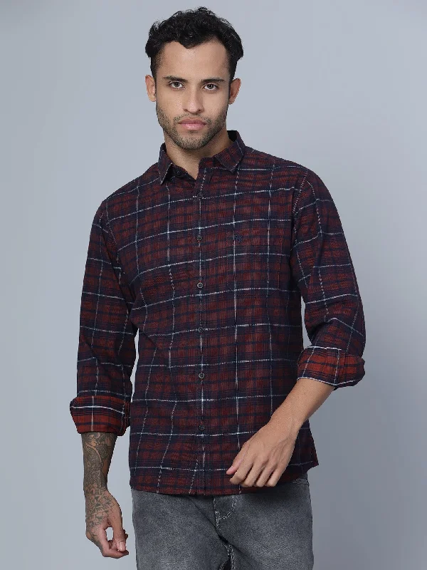 Men's Red Casual Corduroy Medium Checks Full Sleeve Shirt Artistic Men's Avant