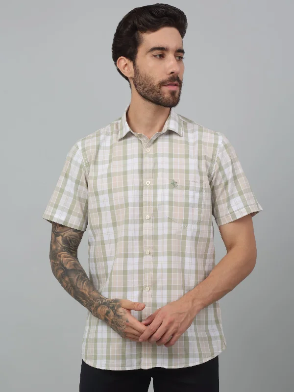 Men's Olive Green Casual Big Checks Half sleeve Shirt Sporty Men's Athleisure 