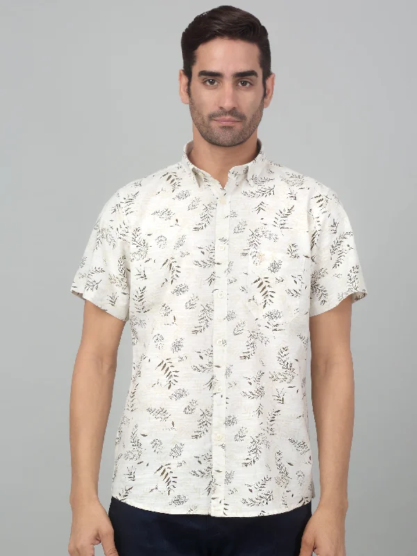 Men's Cream Casual Floral Print Half sleeve Shirt Rugged Men's Outdoor 