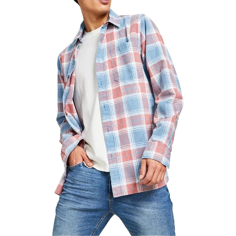 Sun + Stone Mens Plaid Cotton Button-Down Shirt Streetwear Style