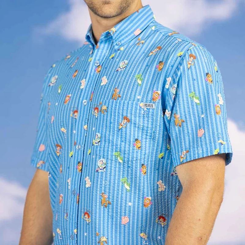Disney and Pixar Toy Story "Andy's Playtime Pals" – Stretch Seersucker Short Sleeve Shirt Hip Men's Retro
