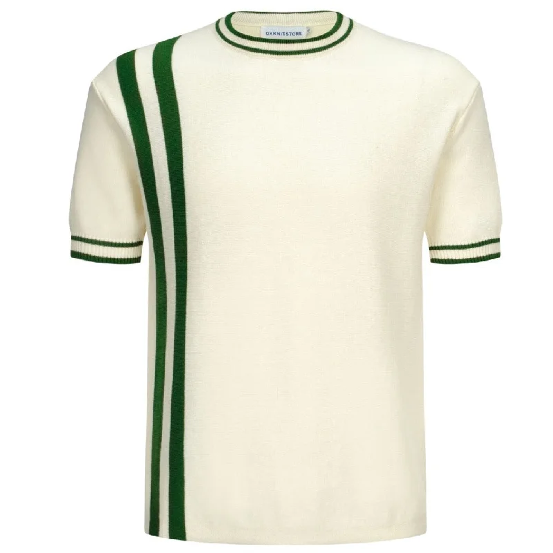 Men's Off White Knitted T-Shirt With Double Green Racing Stripe Dynamic Men's Moto