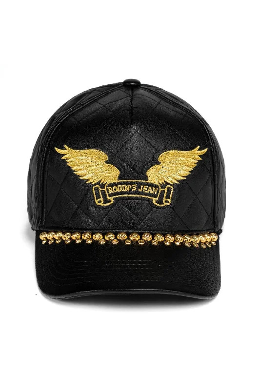 ROBINS LEATHER QUILTED CAP WITH GOLD WINGS STUDS AND CRYSTALS IN BLACK Elegant Men's Cashmere