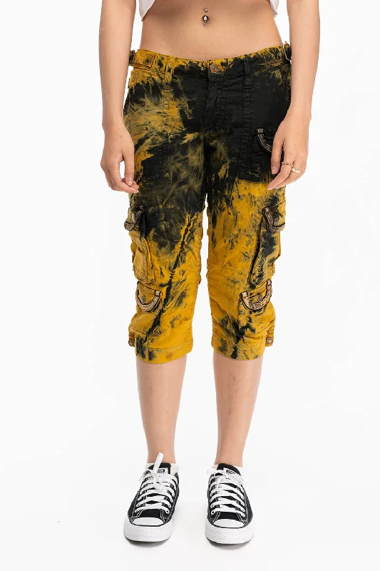 MILITARY STYLE WOMENS CARGO SHORTS IN TYE DYE YELLOW AND BLACK WASH Casual Men's Japanese 