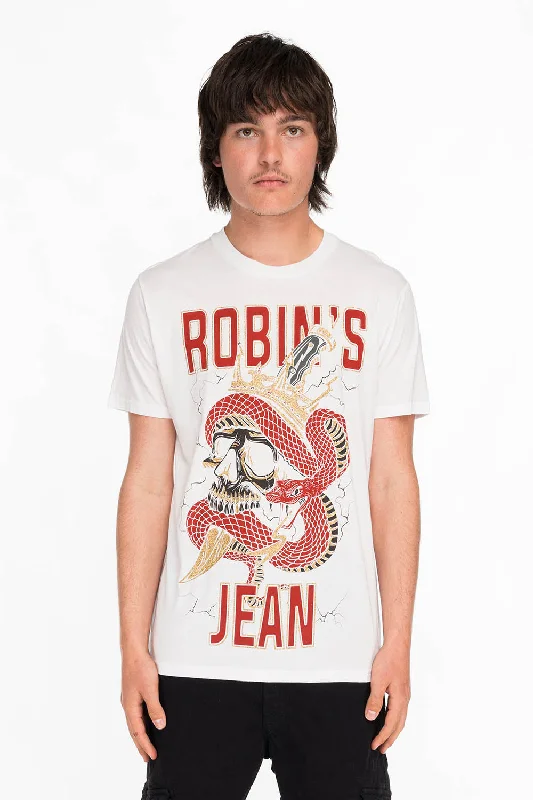 ROBINS SNAKE SKULL GOLD GLITTER TEE IN WHITE Streetwear Style