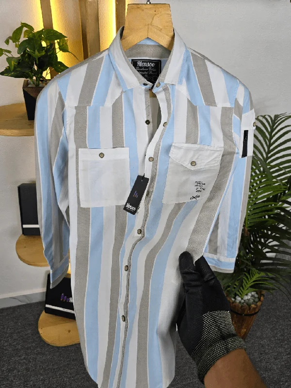 Stripe Double Pocket Shirt Sky Refined Men's European