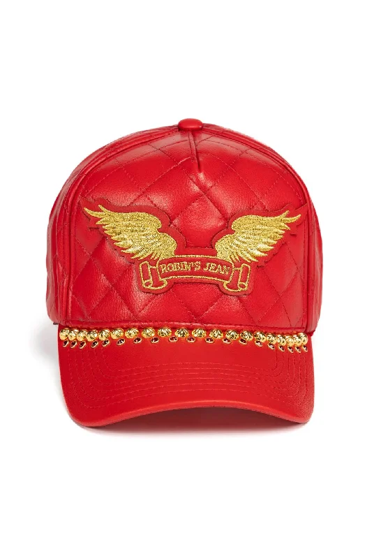 ROBINS LEATHER QUILTED CAP WITH GOLD WINGS STUDS AND CRYSTALS IN RED Trendy Men's Oversized