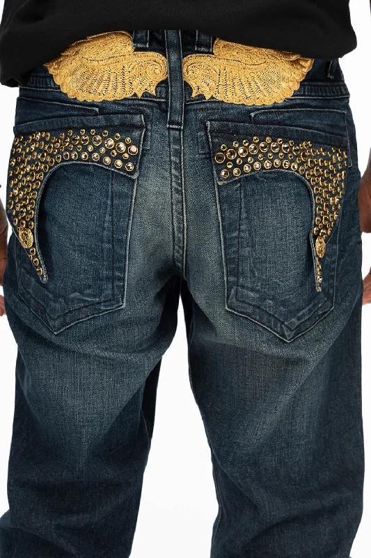 KILLER FLAP MENS SKINNY JEANS IN DARK BLUE WITH GOLD WINGS AND FULL CRYSTAL Business