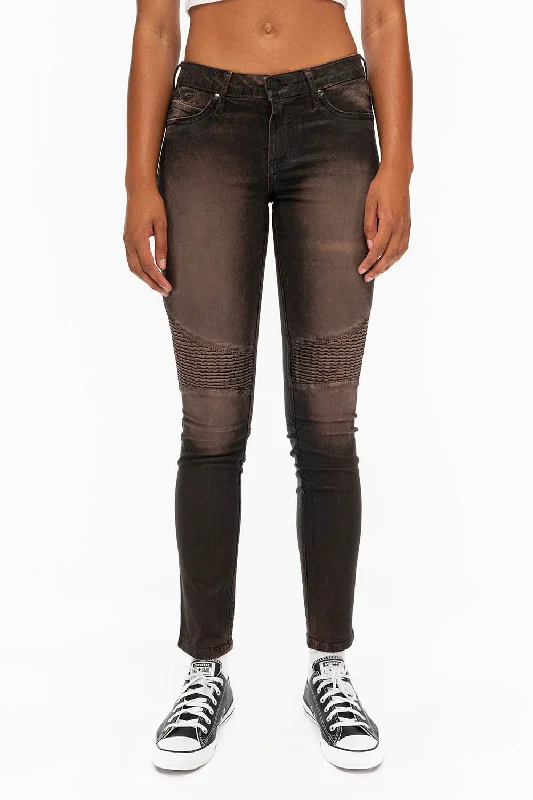 ROBIN'S WOMENS SKINNY BIKER JEANS MOTO IN TOFFE IRENE BLACK Dynamic Men's Glow