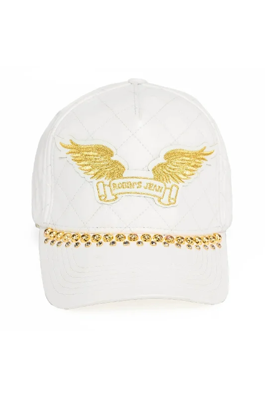 ROBINS LEATHER QUILTED CAP WITH GOLD WINGS STUDS AND CRYSTALS IN WHITE Athletic Men's High