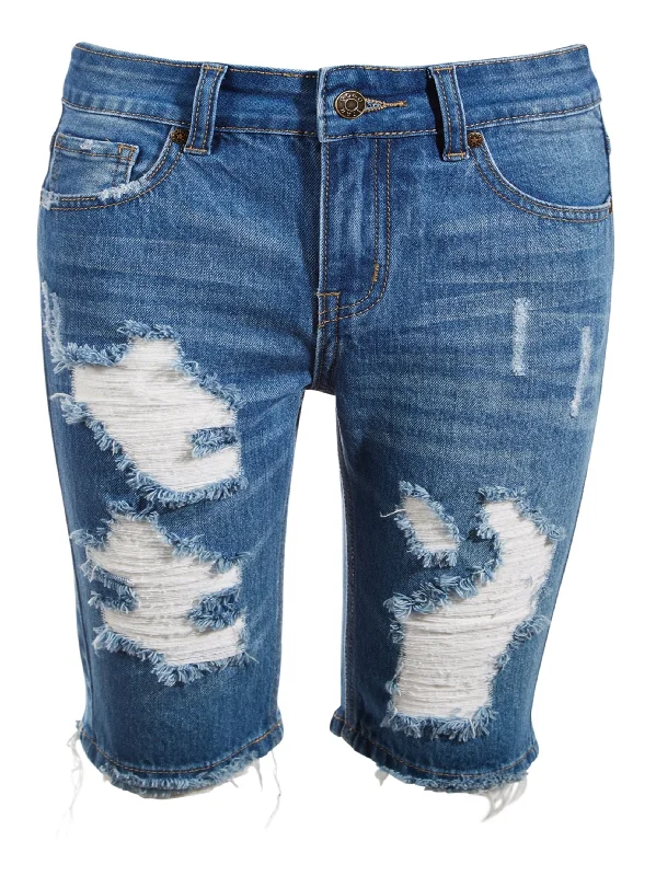 Kids Girl Ripped Washed Denim Short,Dark Blue Sleek Men's Metallic