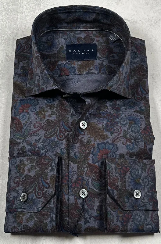 Calder Carmel Ancient Madder Floral On Twill Melange Sport Shirt in Indigo British Gentleman Style